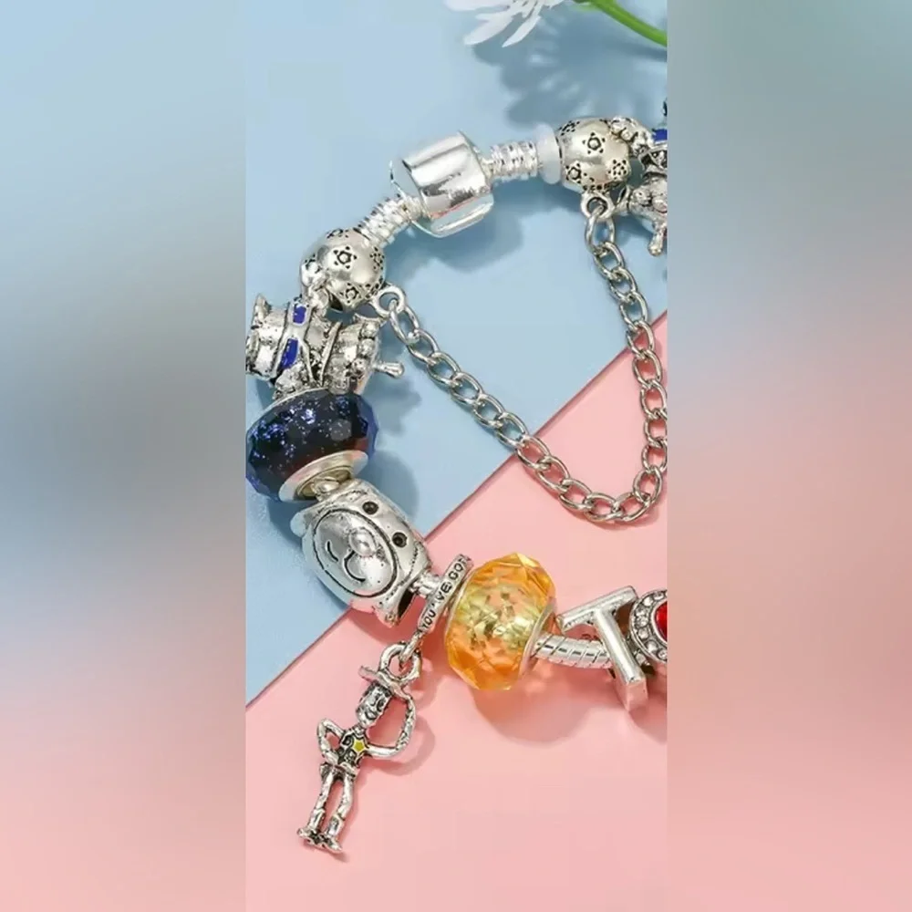 925 Sterling Silver Various Toy Story Characters Themed Loaded Charm Bracelet